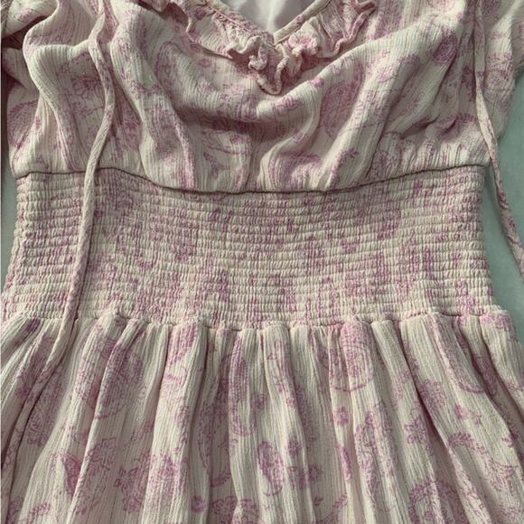 House of Harlow 1960 womens XS pink paisley smocked mini dress puff Ajay v neck - Picture 5 of 13